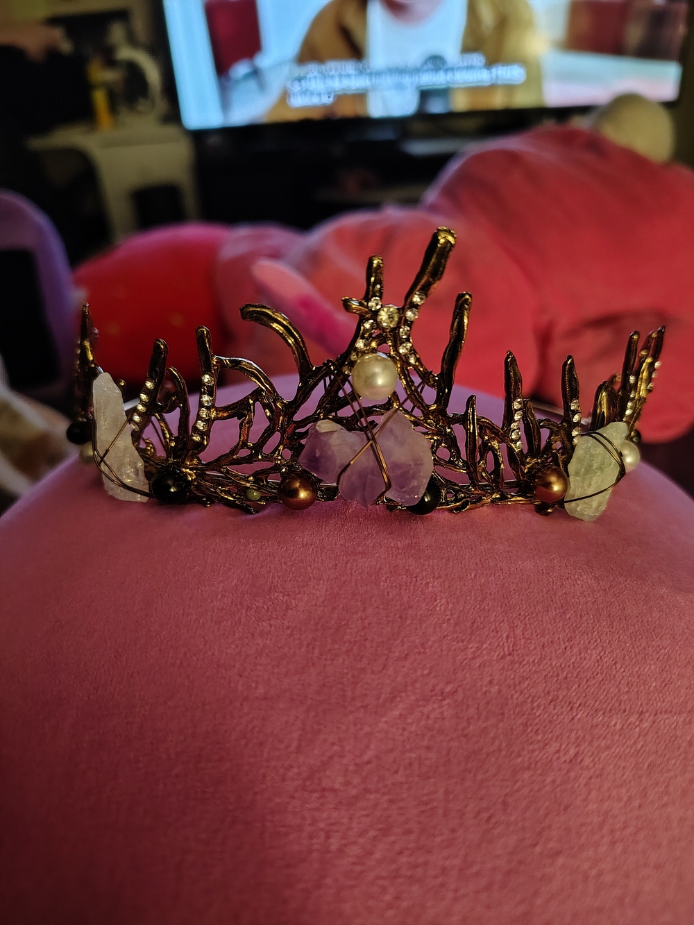 Handcrafted Brass-Tone Crystal & Pearl Tiara Headband - Pink Accents